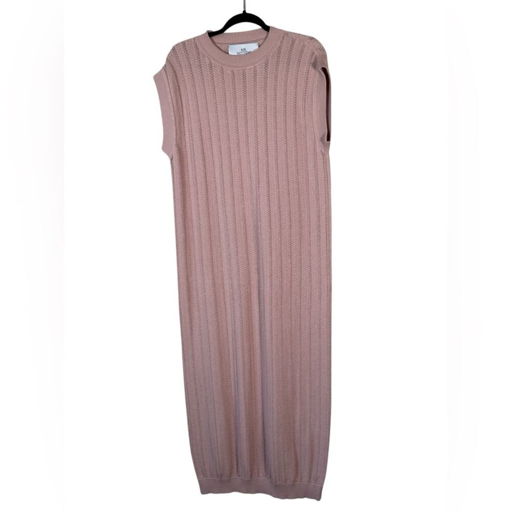 Mr Mittens Pink Pointelle Knit Midi Sweater Dress Womens L Preppy Casual Cotton